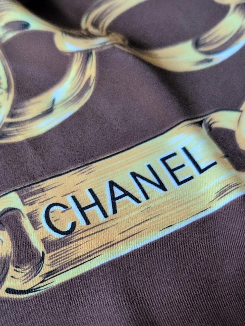CHANEL Brown and Gold Chain-Print  100% Silk Scarf 35x35